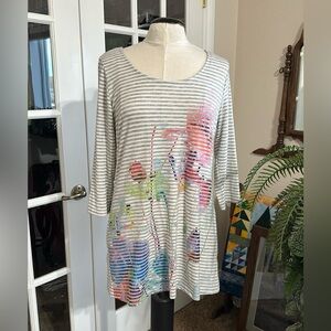 Soft Surroundings knit tunic. Striped with floral watercolors. 3/4 sleeves.